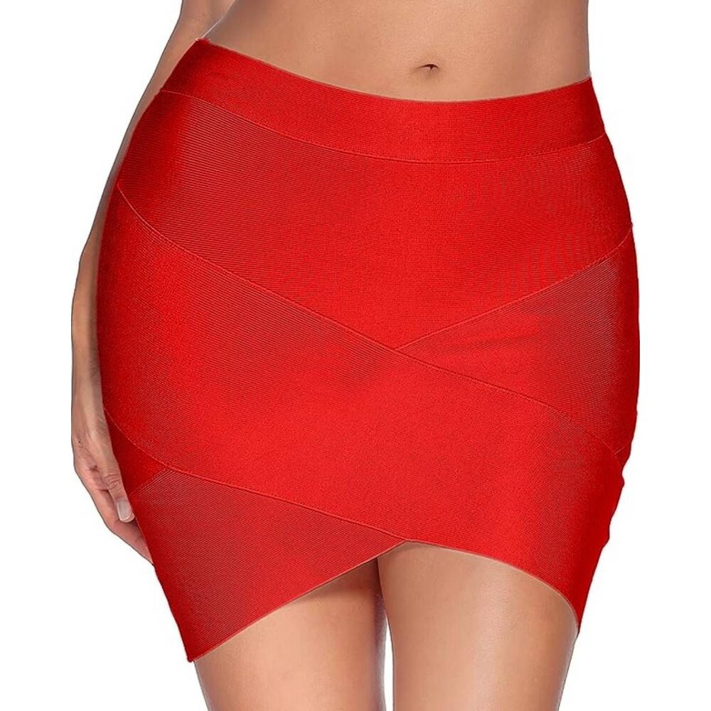 Women's Rayon Bandage Bodycon Mini Skirt Large Red